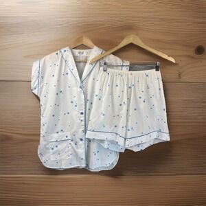 Vintage Carole Pajama Set M Cotton White‎ Blue Polka Dots Top Shorts Lightweight